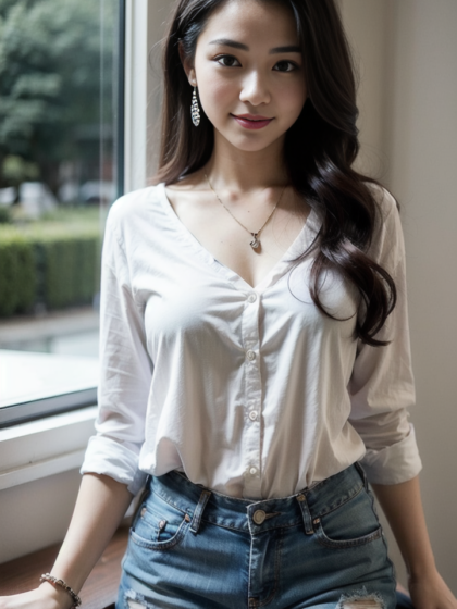 清纯气质美女挑动亚麻衬衫配牛仔短裤的新潮流风暴高清写真图片