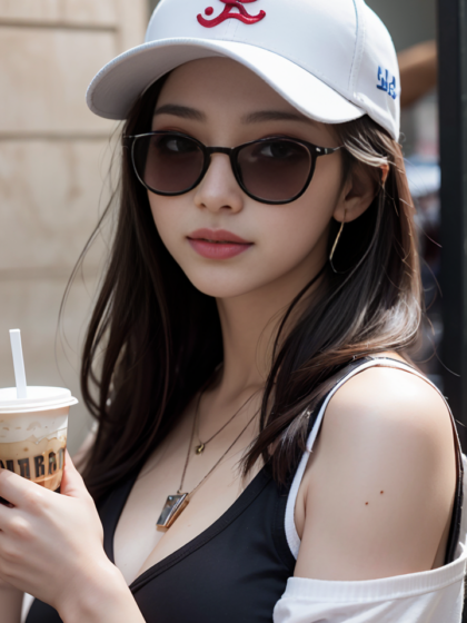 个性十足的美女戴上太阳眼镜，戴上棒球帽，露出迷人短袖高清唯美头像赏析