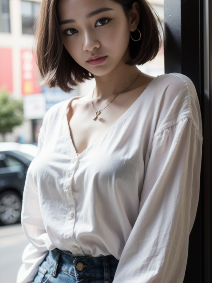长相清纯漂亮的女生穿牛仔短裤配亚麻衬衫尽显时尚魅力高清手机壁纸