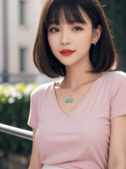 半身裙搭配粉色T恤,清纯美女也能穿出高级感超清写真图片
