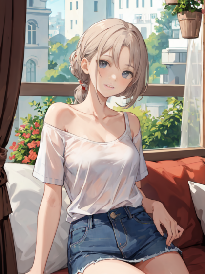 性感迷人的清纯动漫少女：A字牛仔裙+娃娃衫穿搭系列1高清手机壁纸赏析